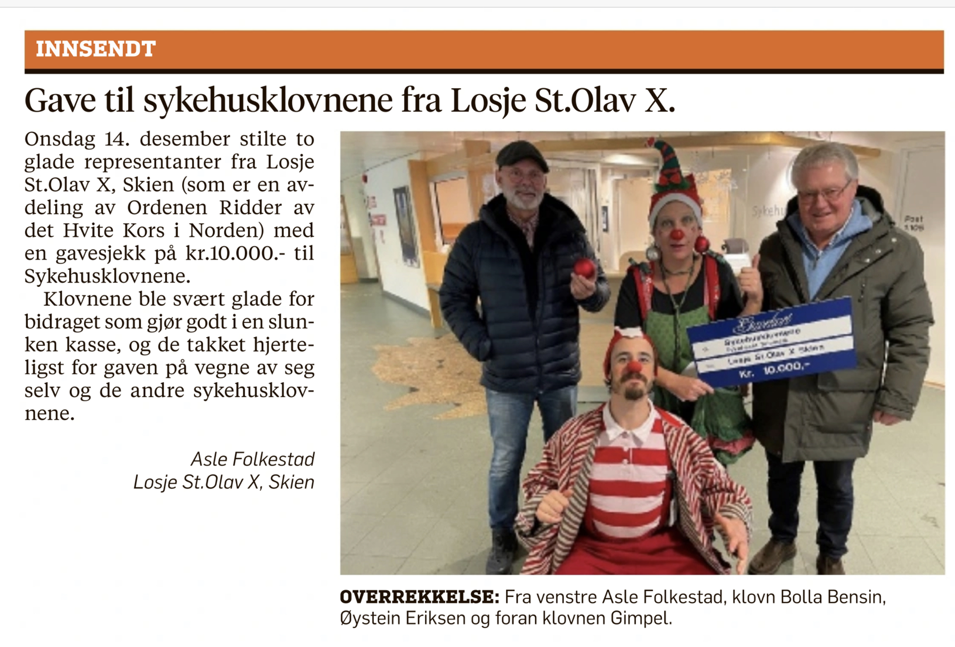 Gave fra Olavshjelpen til Sykehusklovnene 2022
